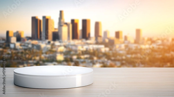 Fototapeta White circular platform on wooden surface with blurred city skyline at sunset