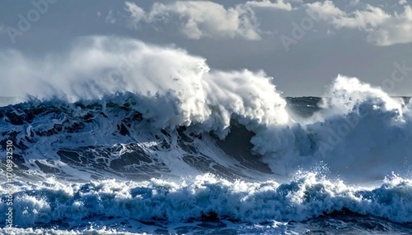 Fototapeta A powerful ocean wave crests and crashes, spray flying into the air. The light captures the texture of the water