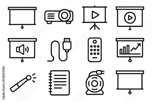 Fototapeta Presentation equipment linear icon set. featuring screen, projector, audio, remote, microphone, and chart symbols