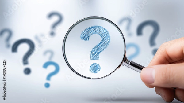 Fototapeta Magnifying glass focusing on a question mark representing inquiry and problem solving, symbolizing investigation research and clear decision making.
