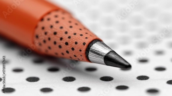 Obraz Macro shot of an orange pencil with polka dots on a polka dot paper surface