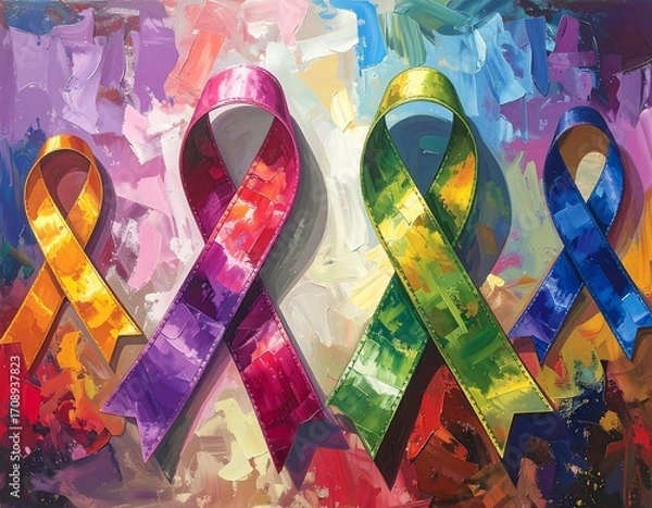 Fototapeta Colorful awareness ribbons on abstract background