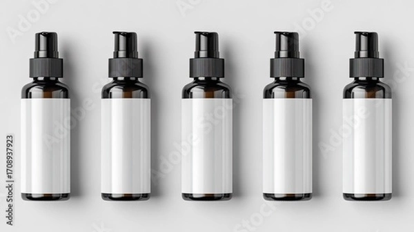 Obraz Minimalist product mockup featuring five dark glass spray bottles with blank labels arranged in a