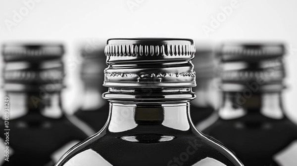 Obraz Monochromatic liquid containers with metallic caps in a repetitive arrangement