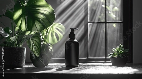 Obraz Monochrome serenity: Plant-filled windowsill with light and minimalist beauty design