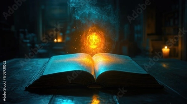 Obraz Mystical Tome: Open book emanating vibrant energy and ethereal glow on a wooden surface creating a