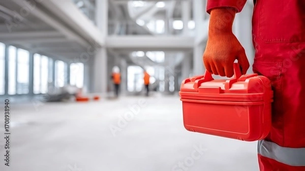 Fototapeta A construction worker in a red uniform holds a toolbox in an empty building.