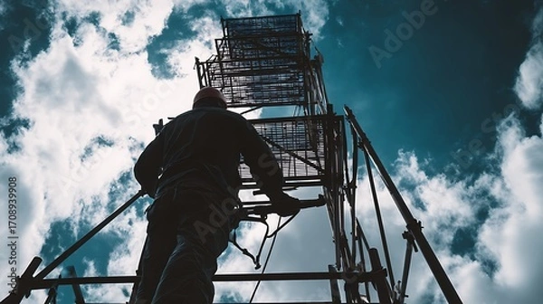 Fototapeta A construction worker is actively working on a scaffolding structure, with a focus on the intricate details of the metal framework and the worker's safety gear.