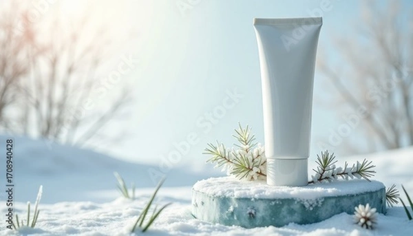 Fototapeta Skincare cream tube on stone surrounded by snow and pine branches  