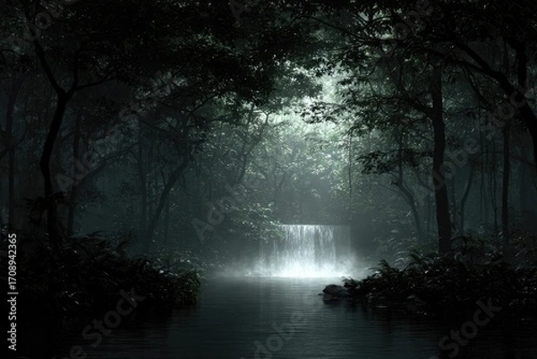 Fototapeta Misty forest with waterfall