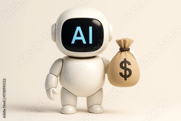 Fototapeta 3D render illustration, Ai robot holding a money bag with a dollar sign on, white backdrop