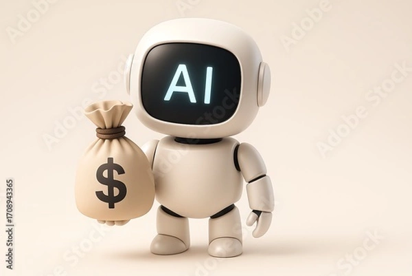 Fototapeta 3D render illustration, Ai robot holding a money bag with a dollar sign on, white backdrop