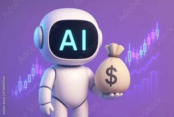Fototapeta Ai robot holding a money bag with a dollar sign on, neon blue stocks and shares holographic background icons, purple backdrop, 3D render illustration