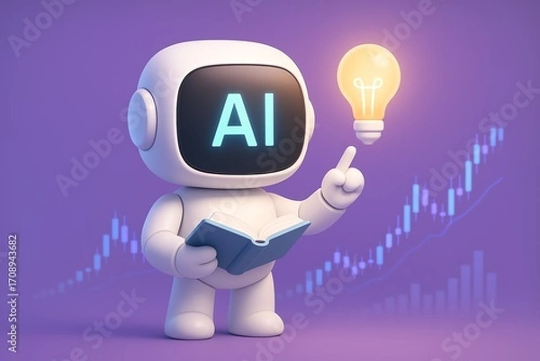 Fototapeta 3D render illustration, Ai robot holding a book pointing to a light bulb, purple backdrop, stocks and shares holographic icons in the background