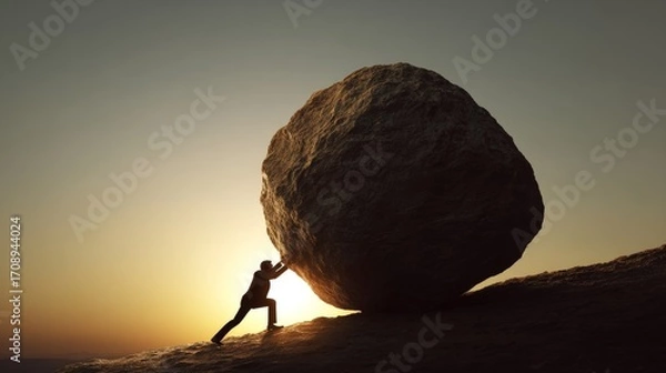 Fototapeta Silhouette of determined young businessman pushing a huge stone uphill on mountain slope at sunset, symbolizing challenge, struggle, perseverance, motivation, hard work, ambition, and success
