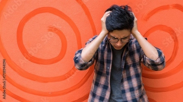 Fototapeta Man holding head with both hands suffering from headache and dizziness, vertigo illness concept showing spinning sensation caused by inner ear problem, brain disorder, or sensory nerve imbalance