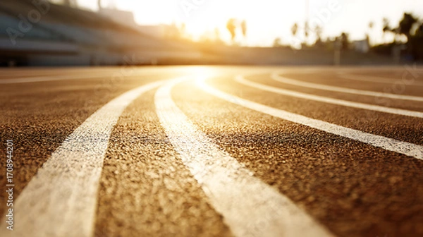 Fototapeta Close-up view of an empty running track at sunset with sunlight casting warm glow on lanes