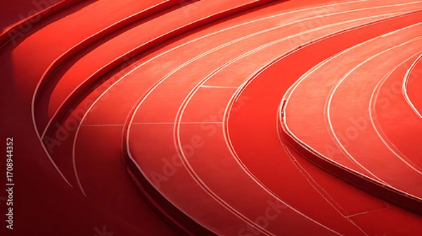 Fototapeta Close-up view of a red running track with curved lanes and white markings