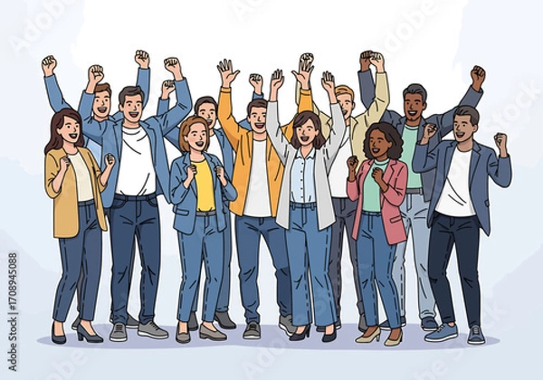 Fototapeta Diverse group of happy people celebrating success together, a multicultural team raising hands in joy and triumph