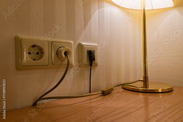 Fototapeta Power sockets with desk lamp and active data port in use