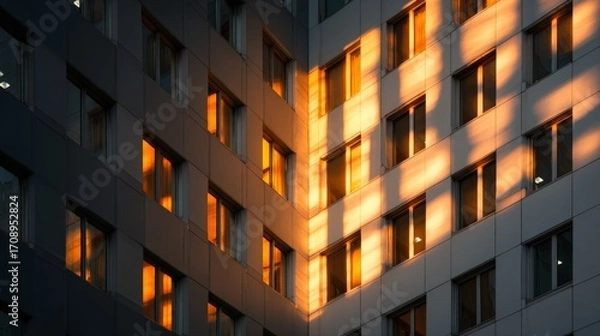 Fototapeta Apartment facade at dusk with warm glowing corner windows