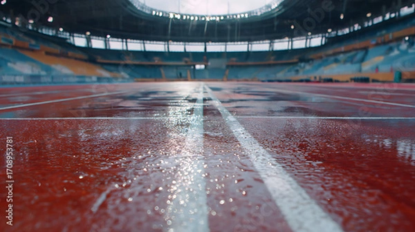 Fototapeta Wet red running track in an empty stadium with raindrops reflecting light