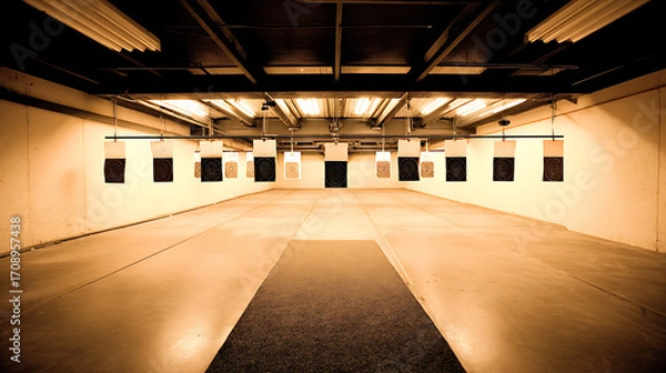 Fototapeta Indoor shooting range with targets aligned along the walls under overhead lighting