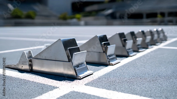 Fototapeta Row of starting blocks on a running track at an outdoor stadium