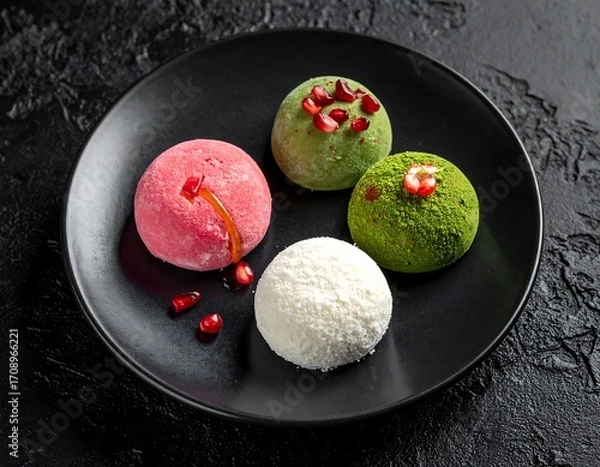 Fototapeta Colorful dessert spheres on dark plate