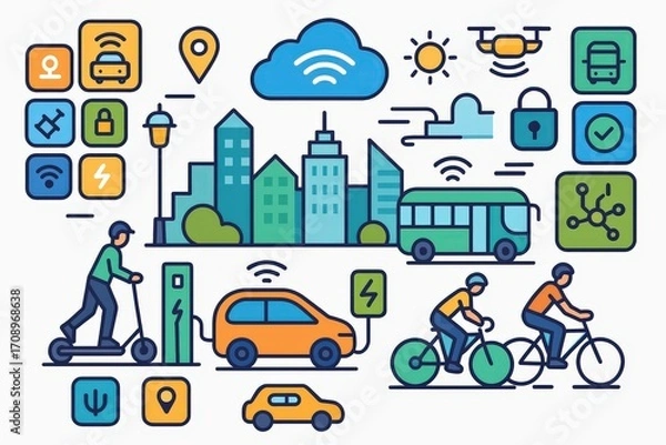 Fototapeta Urban mobility illustrated through a digital landscape showcasing electric bikes, scooters, connected vehicles, and smart city elements depicting modern transportation dynamics and ecological