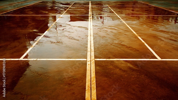 Fototapeta Wet tennis court with reflective surface and white boundary lines after rainfall