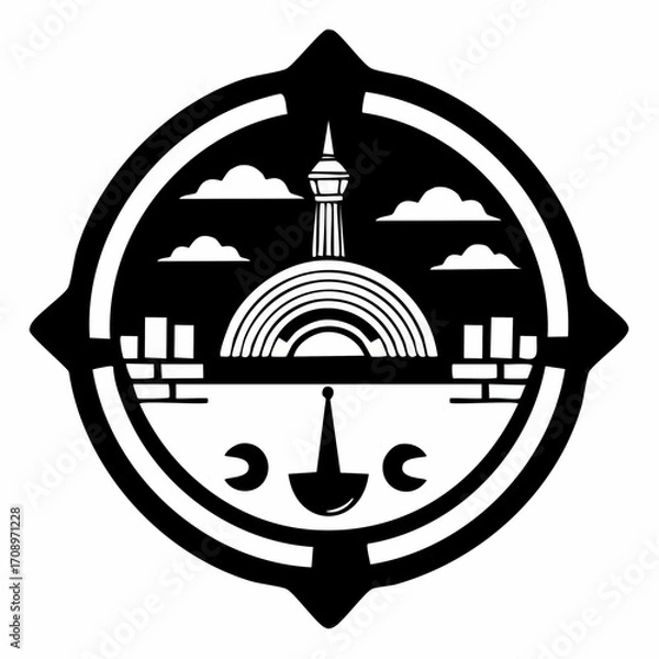 Fototapeta Stylized black and white emblem featuring a tower, arched structures, clouds, and brickwork within a circular frame with directional points.