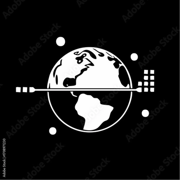 Fototapeta A stylized white graphic depicts a globe with a horizontal line passing through it, connecting a digital data stream to a network of dots, suggesting global ...