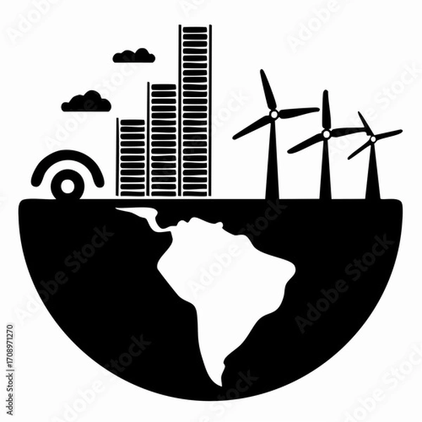 Fototapeta A black and white silhouette of planet Earth with a modern cityscape, a car, and wind turbines symbolizing sustainable urban development.