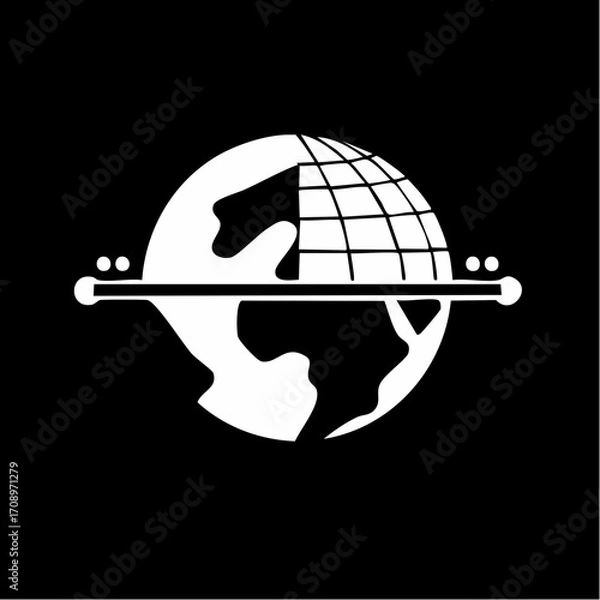Fototapeta A minimalist white graphic icon of a stylized globe divided by a horizontal axis, with a grid on top and continents below.