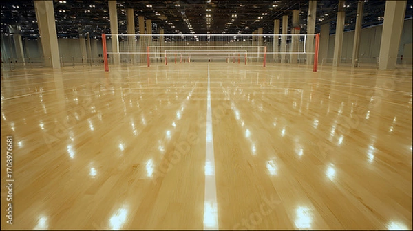 Fototapeta Empty indoor volleyball court with polished wooden floor and net