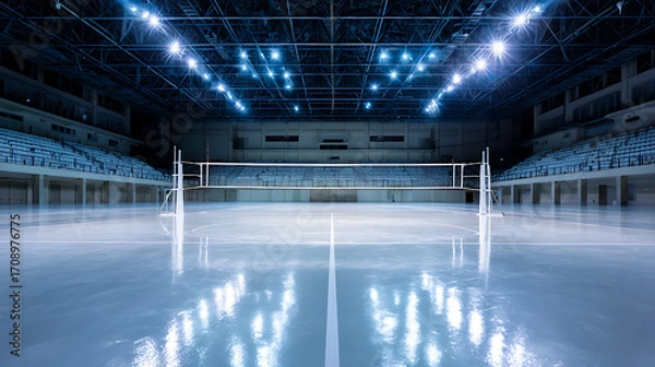 Fototapeta Empty indoor sports arena with illuminated volleyball court and net under bright ceiling lights