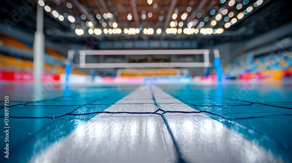 Fototapeta Close-up view of a polished indoor sports court with a net in the background, illuminated by overhead lights
