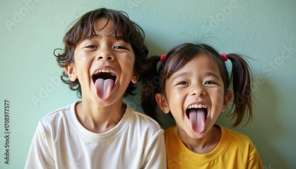 Fototapeta Two children showing their tongues and smiling in playful expression  