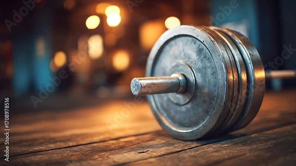 Fototapeta A close-up of a metal barbell resting on a wooden floor in a dimly lit gym setting.