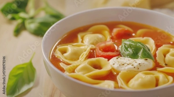 Fototapeta Delicious Tomato Tortellini Soup with Basil and Cream