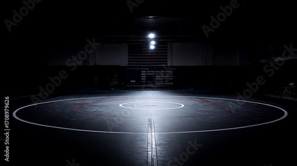 Fototapeta Empty indoor sports court illuminated by a single overhead light in a darkened arena