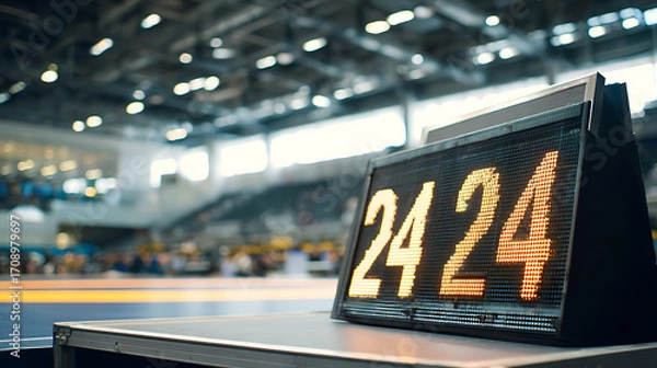 Fototapeta Digital countdown timer displaying '24' in a large indoor venue with blurred background