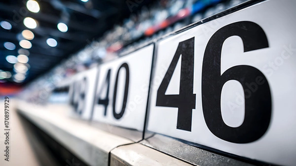 Fototapeta Close-up of numbered signs in a row, likely at a sports venue or event seating area