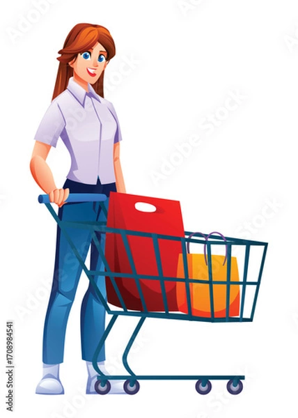 Fototapeta Young woman standing and pushing a shopping cart full of shopping bags after a trip to the store. Vector cartoon illustration