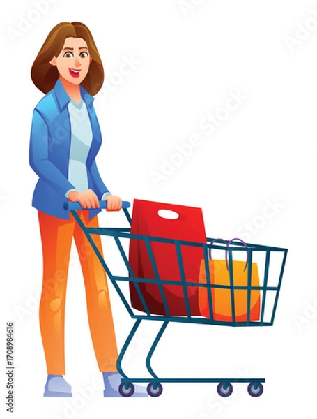 Fototapeta Young woman standing and pushing a shopping cart with shopping bags after a trip to the store. Vector cartoon illustration