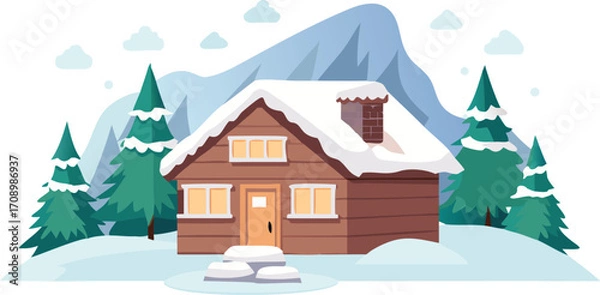 Fototapeta A charming winter house amidst snow and trees, displayed on a white background, illustrating a peaceful winter landscape.