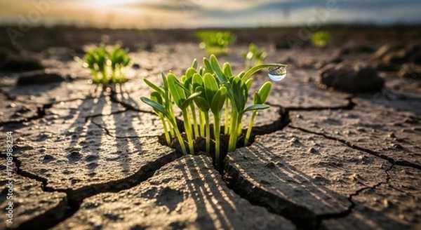 Fototapeta A close up of green sprouts growing in cracked dry earth with a water droplet on one of the sprouts