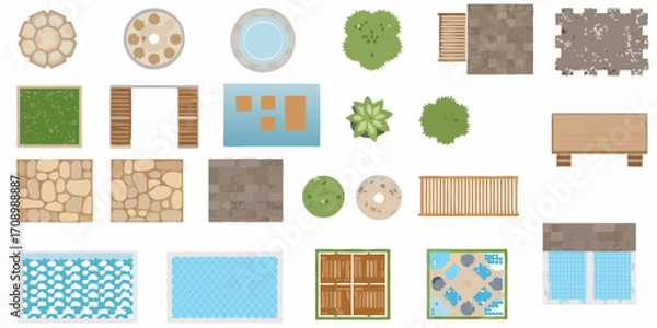 Fototapeta Collection of top down garden and landscape design elements for architectural visualization and planning