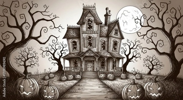Fototapeta A spooky haunted house illustration with pumpkins and bare trees under a full moon in grayscale style